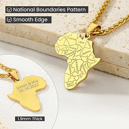 GOLDCHIC JEWELRY Africa Map Necklace for Men, Stainless Steel African Tribal/Egyptian Eye of Horus/I LOVE AFRICA/Elephant Map Hiphop Jewelry Unisex with 22'+2'Adjustable Chain - color: Africa Map - Gold, style: Personalised Engraving