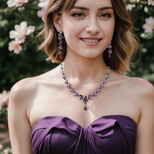 EVER FAITH Marquise Crystal Leaf Bridal Prom Jewelry Set for Women Bride | Rhinestone Wedding Party Necklace Dangle Earrings Tennis Bracelet, for Bridesmaid - color: Purple Silver-Plated-Base