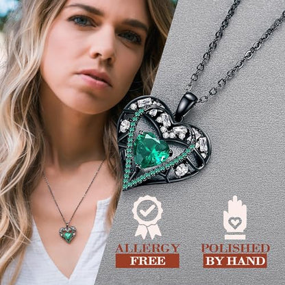 5 Heart I Love You Necklace for Women, Birthstone Crystal Pendant, Birthday Gift for Her, Wife, Mom, Rose Gold or Gunmetal Plated, 925 Sterling Silver Chain 18"+2" - color: 18-May-Emerald Green-GunMetal Plated
