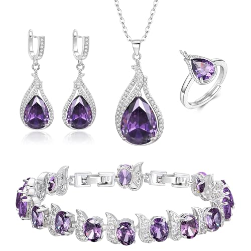Jewelry Set for Bride, Sparkling Water Drop Cubic Zirconia Crystal Pendant Necklace Leverback Earrings Tennis Bracelet Adjustable Ring Gift for Wedding/Birthday/Mother's Day/Christmas - color: 18-Purple