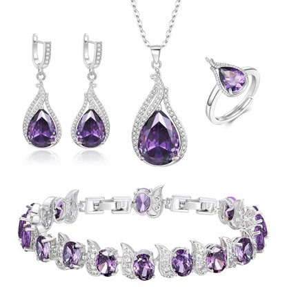Jewelry Set for Bride, Sparkling Water Drop Cubic Zirconia Crystal Pendant Necklace Leverback Earrings Tennis Bracelet Adjustable Ring Gift for Wedding/Birthday/Mother's Day/Christmas - color: 18-Purple