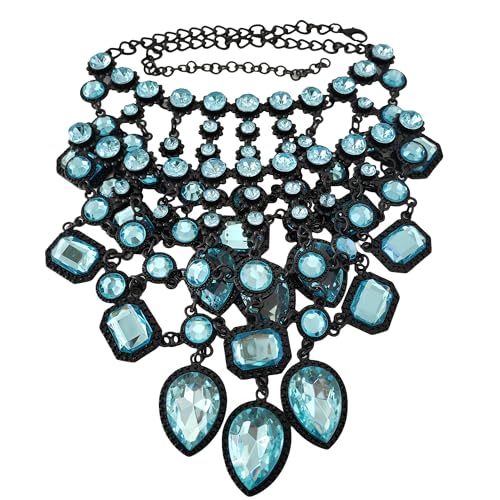 925 Sterling Silver Bib Jewelry Sets For Women - ZA Indian Ethnic Round Water Drop Crystal Tassel Necklace Earrings Jewelry Sets Statement Large, Chunky Rhinestone Necklace - color: Light Blue - Bib Necklace