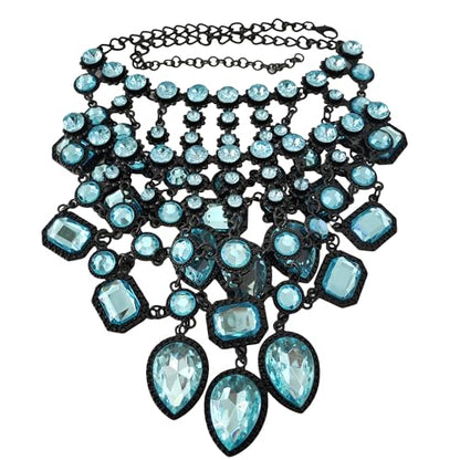925 Sterling Silver Bib Jewelry Sets For Women - ZA Indian Ethnic Round Water Drop Crystal Tassel Necklace Earrings Jewelry Sets Statement Large, Chunky Rhinestone Necklace - color: Light Blue - Bib Necklace