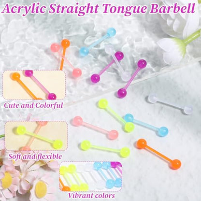 Acrylic Tongue Barbells Rings 24 PCS 15G Glow in Dark Flexible Straight Tongue Rings Colorful Plastic Ring Body Piercing Jewelry Bars for Women Men Work Sports 18mm
