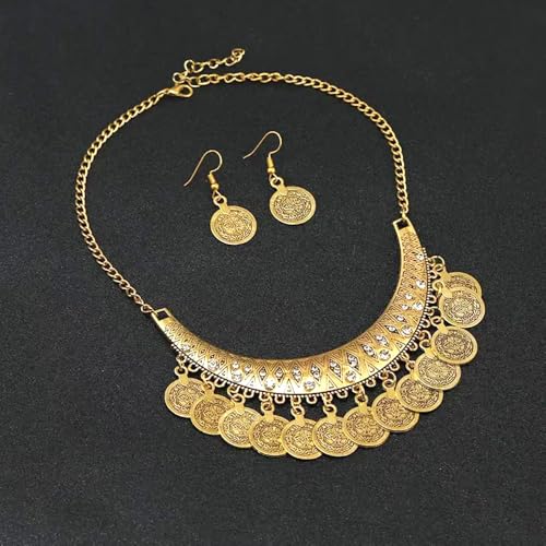 Chunky Coin Necklace Earrings Set,Bohemia Plated Gold Coin Tassel Personalized Choker Earrings,Ethnic Gypsy Statement Jewelry Set for Women - color: Gold