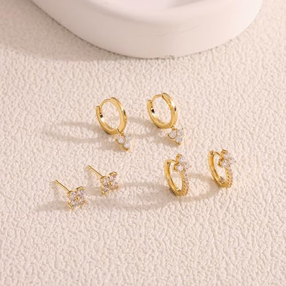 Freekiss 3 Pairs Hoop Earrings Set - Dainty Stud Dangle Cartilage for Women | Hypoallergenic Earrings, Cubic Zirconia Stackable Trendy Small Set Jewelry Gifts for Women - style: Hoop Clover Set-GD
