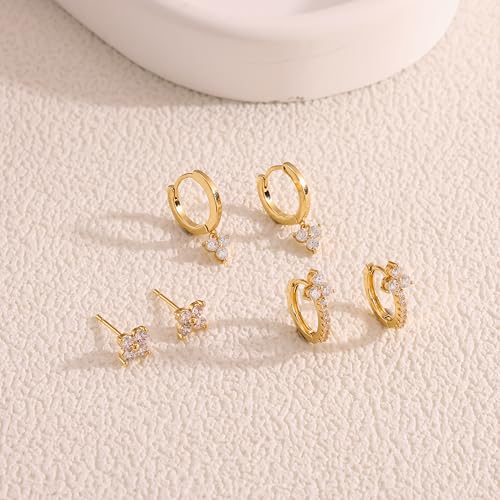 Freekiss 3 Pairs Hoop Earrings Set - Dainty Stud Dangle Cartilage for Women | Hypoallergenic Earrings, Cubic Zirconia Stackable Trendy Small Set Jewelry Gifts for Women - style: Hoop Clover Set-GD