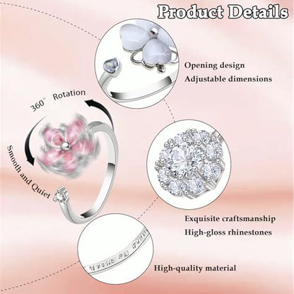 6Pcs Fidget Anxiety Rings for Women, Silver Adjustable Open Spinner Rings for Anxiety, Stress Relief Rotating Rings with Butterfly Sun Star Flower Four-Leaf Clover Designs, Fidget Jewelry for Women - color: Silver