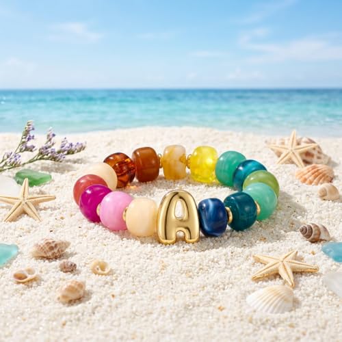 Bubble Initial Chunky Beaded Bracelet for Women Colorful Resin Bead Trendy Statement Big Stretch Bracelets Summer Beach Boho Charm Jewelry Cute Gifts for Women - color: Initial A