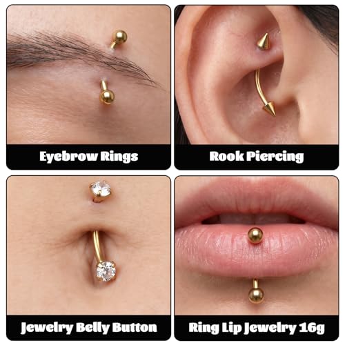 Eyebrow Piercing Jewelry, 9 Pcs Gold Jewelry Surgical Steel Curved Barbell Eyebrow Rings for Women Men CZ Tiny Labret Lip Navel Belly Button Helix Conch Daith Piercing 6mm/8mm/10mm