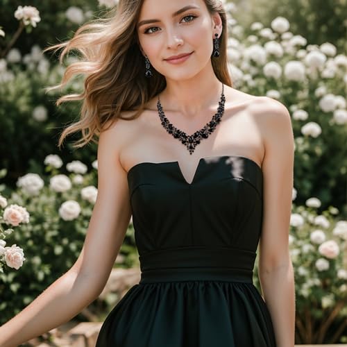Women's Wedding Statement Necklace Dangle Earring Jewelry | Austrian Crystal Teardrop Cluster,Necklaces Earrings Set for Bride Bridesmaid,Prom Accessories - color: 02-Black Black-Tone