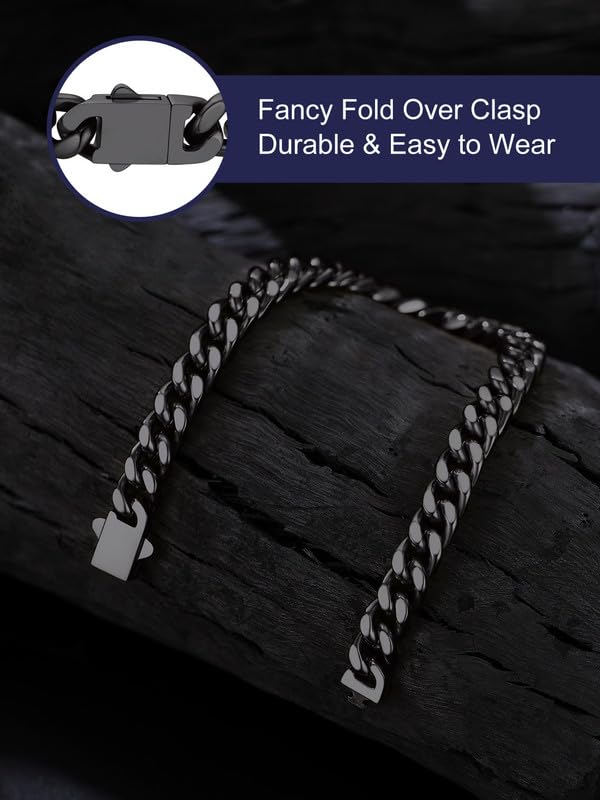 Bandmax Mens Hip Hop Cuban Link Bracelets 5/7/9/12MM Stainless Steel Miami Curb Chain Bracelet Silver/Gold Plated/Black Wristlet Chains for Men 7"-9" - color: 05 7MM-Black