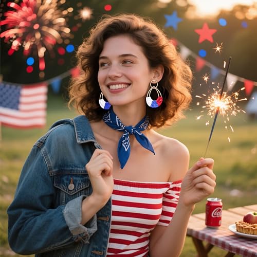 Raffia Hoop Earrings for Women Fun Boho Summer Beach Earrings Lightweight Handmade Straw Wicker Rattan Dangle Earrings Statement Geometric Round Drop Earrings - color: 4th of July Earrings - Teardrop