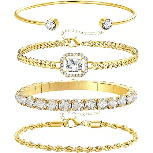 Alegend 14K Gold Plated Stackable Multilayer Bracelets + Titanium Steel(Not Rust, Resist Corruption, Easily Clean) 18K Gold Plated Single Bracelets - color: 14K Gold + 4PCS H
