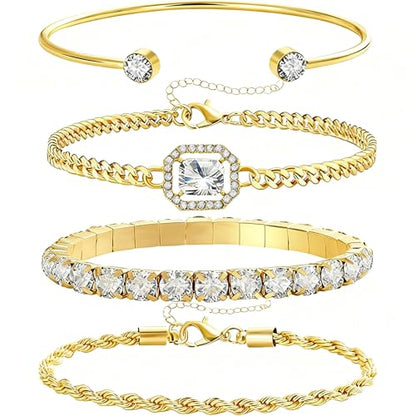 Alegend 14K Gold Plated Stackable Multilayer Bracelets + Titanium Steel(Not Rust, Resist Corruption, Easily Clean) 18K Gold Plated Single Bracelets - color: 14K Gold + 4PCS H