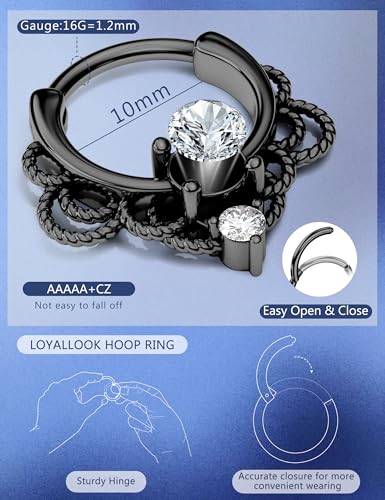 8PCS 16G Septum Clicker Ring Stainless Steel CZ Opal Cartilage Helix Tragus Hoop Daith Earrings Nose Rings Hoop Hinged Segment Clicker Ring Piercing Jewelry - color: black tone 10mm