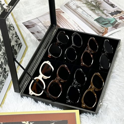 Wudygirl Sunglass organizer Leather Jewelry Tray with Lid 13.7"x9.4" Black | 8 Grid Jewelry Organizer with Velvet Liner, Ideal for Jewelry Storage, Dresser Drawer or Gift, Dustproof Design - style: 8 Grid Jewelry Tray