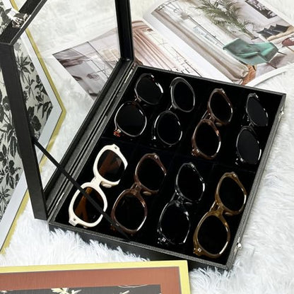 Wudygirl Sunglass organizer Leather Jewelry Tray with Lid 13.7"x9.4" Black | 8 Grid Jewelry Organizer with Velvet Liner, Ideal for Jewelry Storage, Dresser Drawer or Gift, Dustproof Design - style: 8 Grid Jewelry Tray