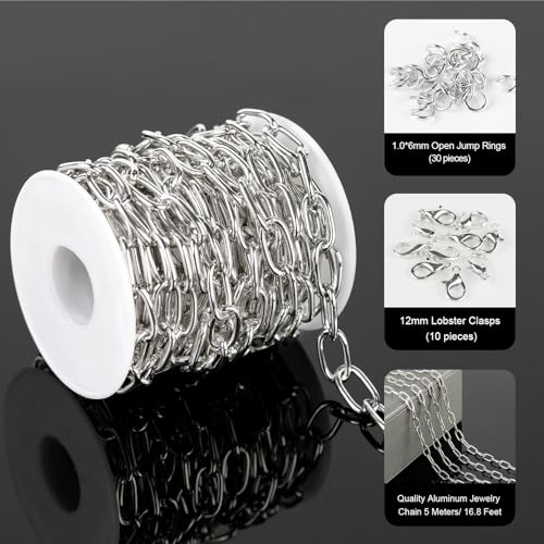 5 Meters Paperclip Chain for Jewelry Making Lightweight Aluminum Necklace Bracelet Chains for Women and Men Oval Link with Jewelry Findings - color: 8×16mm-Silver
