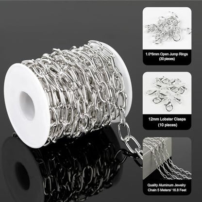 5 Meters Paperclip Chain for Jewelry Making Lightweight Aluminum Necklace Bracelet Chains for Women and Men Oval Link with Jewelry Findings - color: 8×16mm-Silver