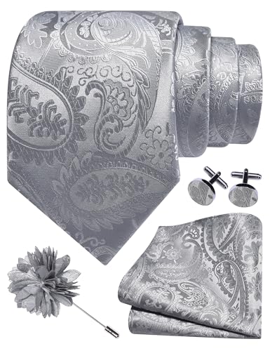 GUSLESON Paisley Tie Set for Men 3.15" Necktie Lapel Pin Hankerchief Cufflinks Set for Men - color: Silver Grey