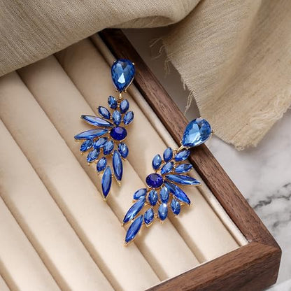 Women's Wedding Bridal Earrings Prom Dangle Earring | Shiny Crystal Teardrop Multi Marquise Cluster for Bride Bridesmaid Bling Jewelry Costume Party Accessories - color: 14-Blue Gold-Tone