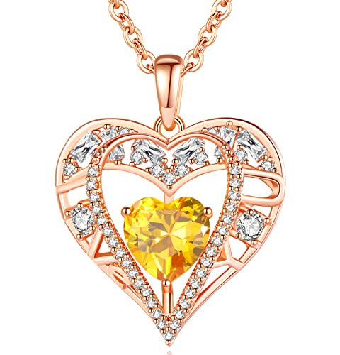 5 Heart I Love You Necklace for Women, Birthstone Crystal Pendant, Birthday Gift for Her, Wife, Mom, Rose Gold or Gunmetal Plated, 925 Sterling Silver Chain 18"+2" - color: 11-November-Citrine Yellow-Rose Gold Plated