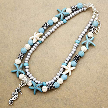 Softones Blue Starfish Turtle Anklet Multilayer Charm Beads Sea Handmade Boho Anklet Foot Jewelry for Women - style: M:Sea Horse