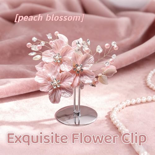 Luxury Pink Pearl Flower Hair Clip for Women,Glitter Petal Hairpin with Rhinestones & Pearl Decor，Wedding Headpiece for Bride, Floral Hair Accessories for Birthday Prom Party Gifts