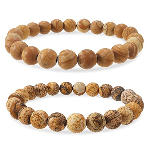 Bivei Natural Crystals Gemstone Healing Stretchy Round Beaded Bracelet | 8MM Semi Precious Beads Bracelet, Handmade Spiritual Jewelry Gift for Women Men,Enhance Positive Energy - color: 8mm Wood Grain Jasper & Picture Jasper (Creativity), size: Medium: 6.