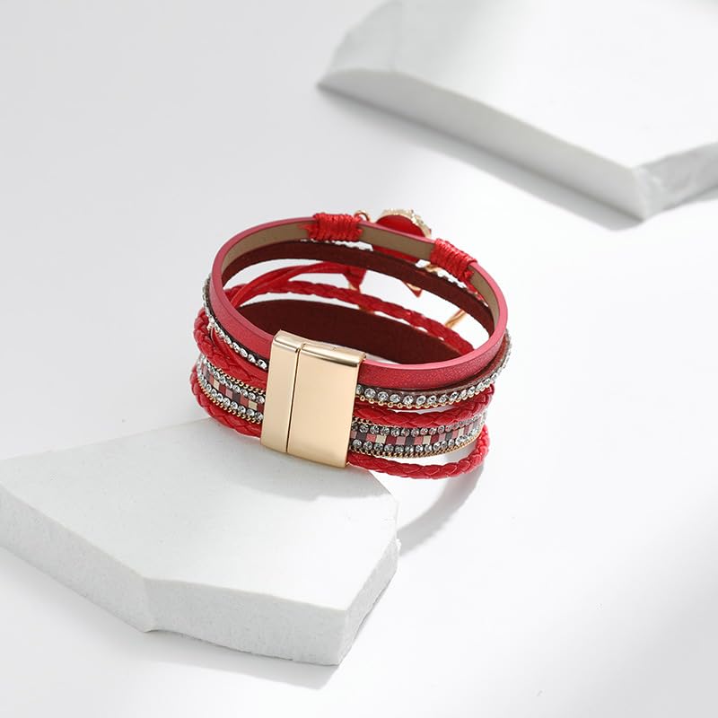 Multilayer Faux Leather Wrap Bracelet with Open Heart Charm Bohemian Stackable Crystal Clasp Bracelet for Women Birthday Gift - color: Red