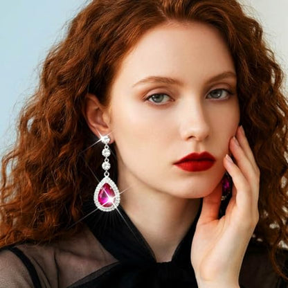 Catery Rhinestone Earrings Silver Crystal Teardrop Earrings Long Wedding Jewelry for Women - color: Hot-Pink