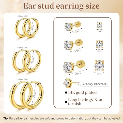 Hypoallergenic Surgical Steel Earrings, 20G Sparkling Cubic Zirconia (CZ) Flat Back Studs & Hoops, Earrings for Sensitive Ears, Cartilage & Helix Piercing Jewelry - color: golden