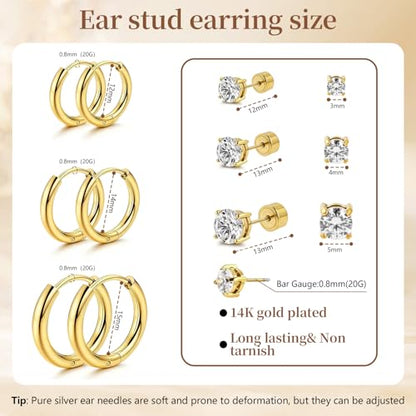 Hypoallergenic Surgical Steel Earrings, 20G Sparkling Cubic Zirconia (CZ) Flat Back Studs & Hoops, Earrings for Sensitive Ears, Cartilage & Helix Piercing Jewelry - color: golden