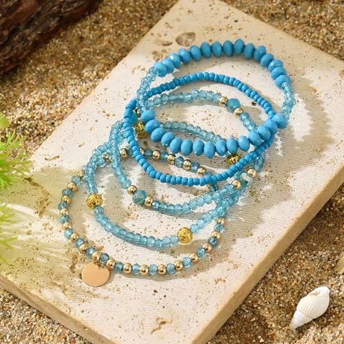 Bohemian Handmade Crystal Seed Beads Disc Pendant Colorful Multilayered Elastic Bracelets Stackable Stretch Strand Bangles Friendship Summer Beach Jewelry for Women - color: blue