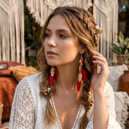 FRESHME Native American Earrings for Women - Ethnic Boho Feather Dangle Jewelry with Tessel for Birthday Party Photoshoot - color: Red