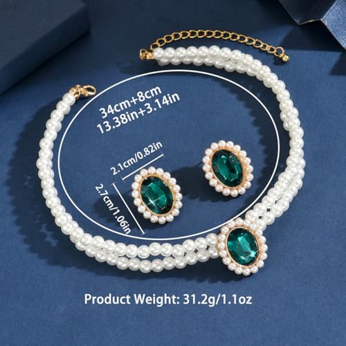 CSIYANJRY99 Pearl Necklace and Earring Set Faux Pearl Jewelry Sets for Women Imitation Beaded Pearl Necklace Bracelet Stud Earrings for Women - color: Green Zircon Pearl Set