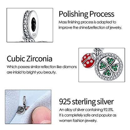 KUNSIR Charms Beads fits Pandora Charm bracelets for Woman 925 Sterling Silver Dangle Pendant Bead Jewelry Beads Gifts Happy Birthday Charms for Women Bracelet&Necklace - style: Four-Leaf Clover and Ladybug Charm