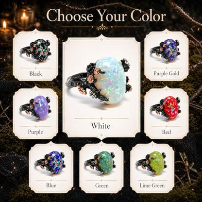 Henrietta Gothic Opal Ring for Women, Fantasy Promise Ring by Ginger Lyne | Simulated White Fire Opal, Cubic Zirconia Black Rose Gold Plated Bold Jewelry Statement Piece For Engagements, Gifts & Events - color: White