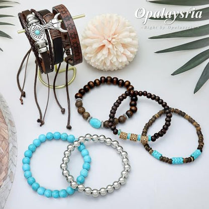 Stack Turquoise Western Bracelets for Women Boho Turquoise Beaded Concho Bangle Ox-Head Charm Cowboy Chic Bracelets Western Jewelry Cowgirl Accessory for Country Concert Outfits - color: Silver OX-Head