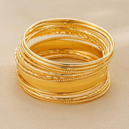 ÌF ME Gold Bangle Bracelets for Women, Indian Bangles Stackable Set, Multi Layer Textured 18K Gold Plated Chunky Bracelets Boho Jewelrys Set - style: D-14PCS Indian bangles
