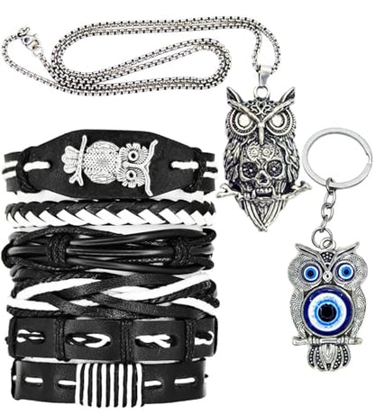 8Pcs Punk Leather Bracelet Set for Men & Women, 6Pcs Braided PU Cuffs, Necklace & Keychain, Adjustable, Stackable - style: Owl