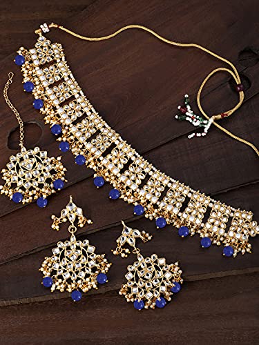 Aheli Elegant Indian Faux Kundan Studded Choker Necklace with Maang Tikka Set Ethnic Wedding Wear Bharatanatyam jewellery set Gift for Women - color: Blue 2