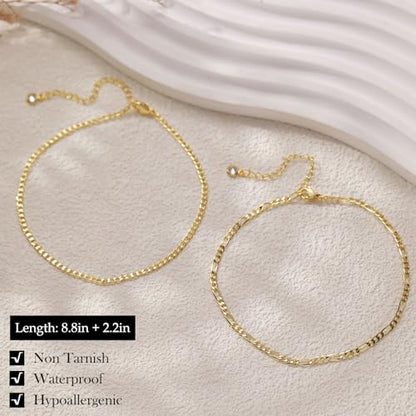 Gold Silver Ankle Bracelets for Women Waterproof 14K Gold Plated Anklets for Women Non Tarnish Dainty Layered Beaded Heart Anklet Set Summer Beach Foot Chain Jewelry Gifts Trendy Stuff - color: C- Waterproof Anklets- Gold