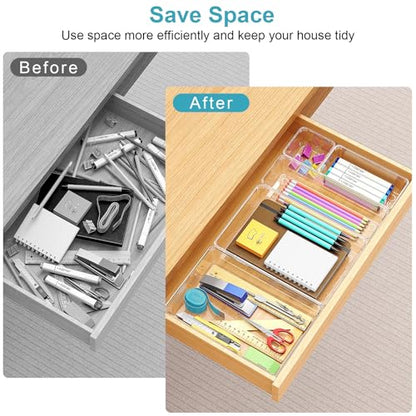 Manalete Drawer Organizers Set of 65, 4 Sizes Clear Plastic Drawer Organizers and Storage Bins for Kitchen, Bathroom, Office, Dresser Desk Drawer Organizer Tray for Jewelry, Makeup, Junk, Gadgets - size: 65Pack(0-0-5-10-22-28)