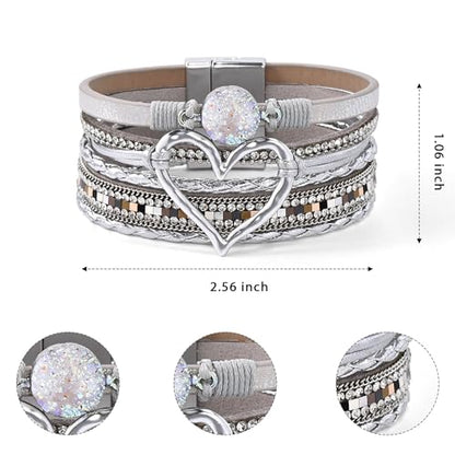 VIBILIA Boho Leather Wrap Bracelets for Women Multi-Layer Bracelets | With Strong Clasp Jewelry for Women - color: 01-Heart-Silver