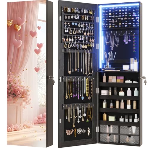 Vlsrka 47.2" Jewelry Armoire Organizer, Wall/Door Mounted Jewelry Cabinet | Built-in LED Mirror, Large Lockable Hanging Full Length Mirror with Jewelry Storage, 4 Drawers, 5 Shelves for Women, Black - color: Wood Black, size: 47.2"