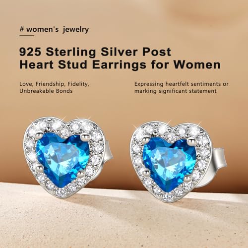Bestyle 8mm Small Birthstone Earrings for Women with Hypoallergenic Sterling Silver Post,Sparkle Heart/Round Womens Studs Earrings, Great Birthday/Christmas/Anniversary Jewelry for Wife Mother - color: 12. Dec. Blue Topaz-Heart