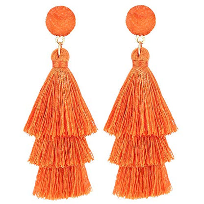Bohemian Tiered Tassel Earrings with Druzy Stud for Women | Long Layered Fringe Drop Earrings, Statement Jewelry for Party Beach Festival - color: Orange