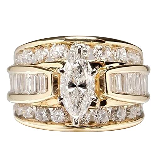18K Yellow Gold Plated Luxury Marquise Cut Cubic Zirconia CZ Shiny Full Diamond Multi Row Eternity Engagement Wedding Band Promise Ring for Women ST.196 - size: 9